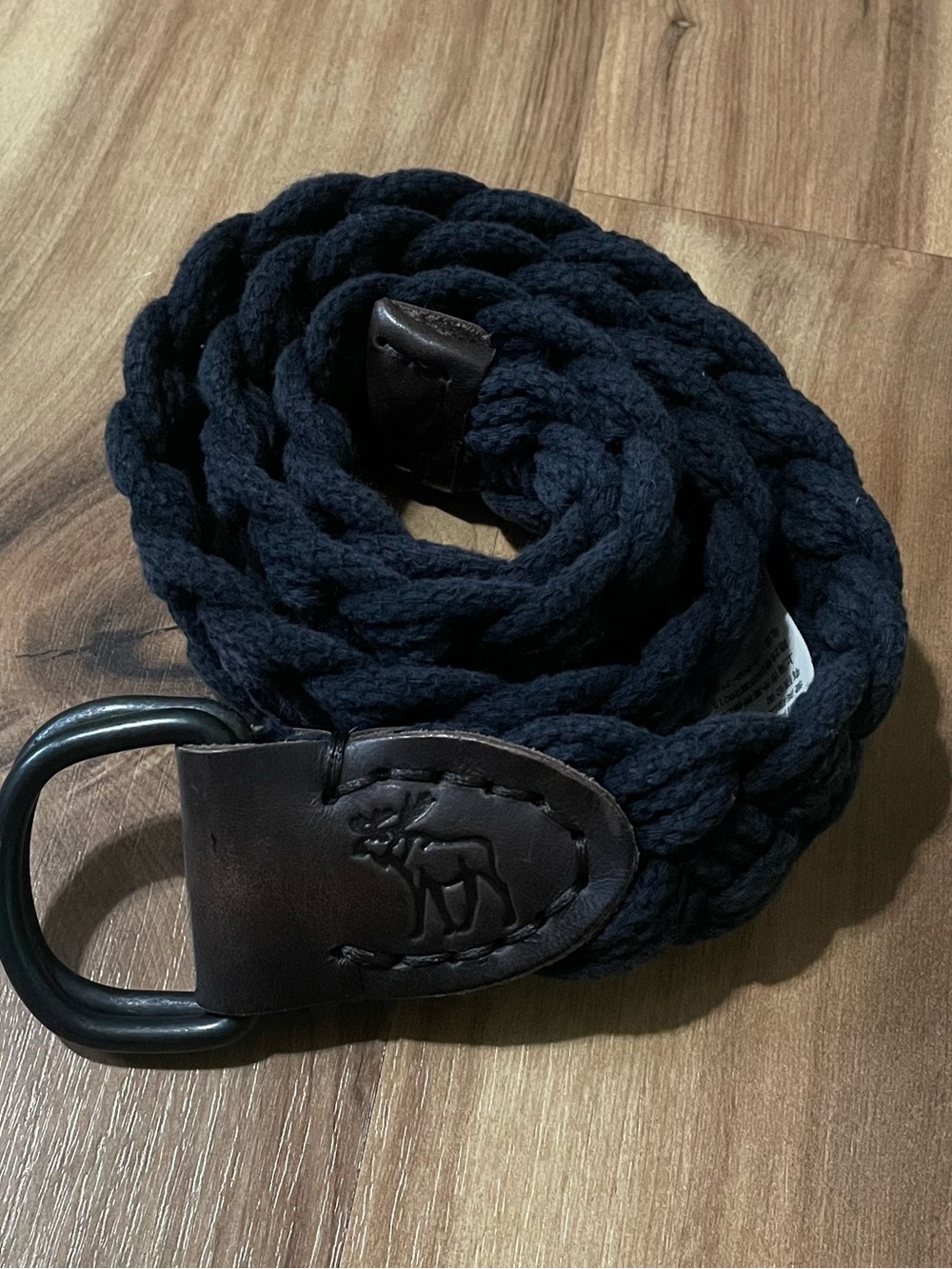 Abercrombie & Fitch Braided Cotton Rope Belt D-Ring Buckle Navy Blue Moose Logo